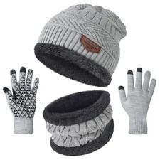 Warm Winter Beanie Hat Scarf Gloves Set for Men Women, Light Grey