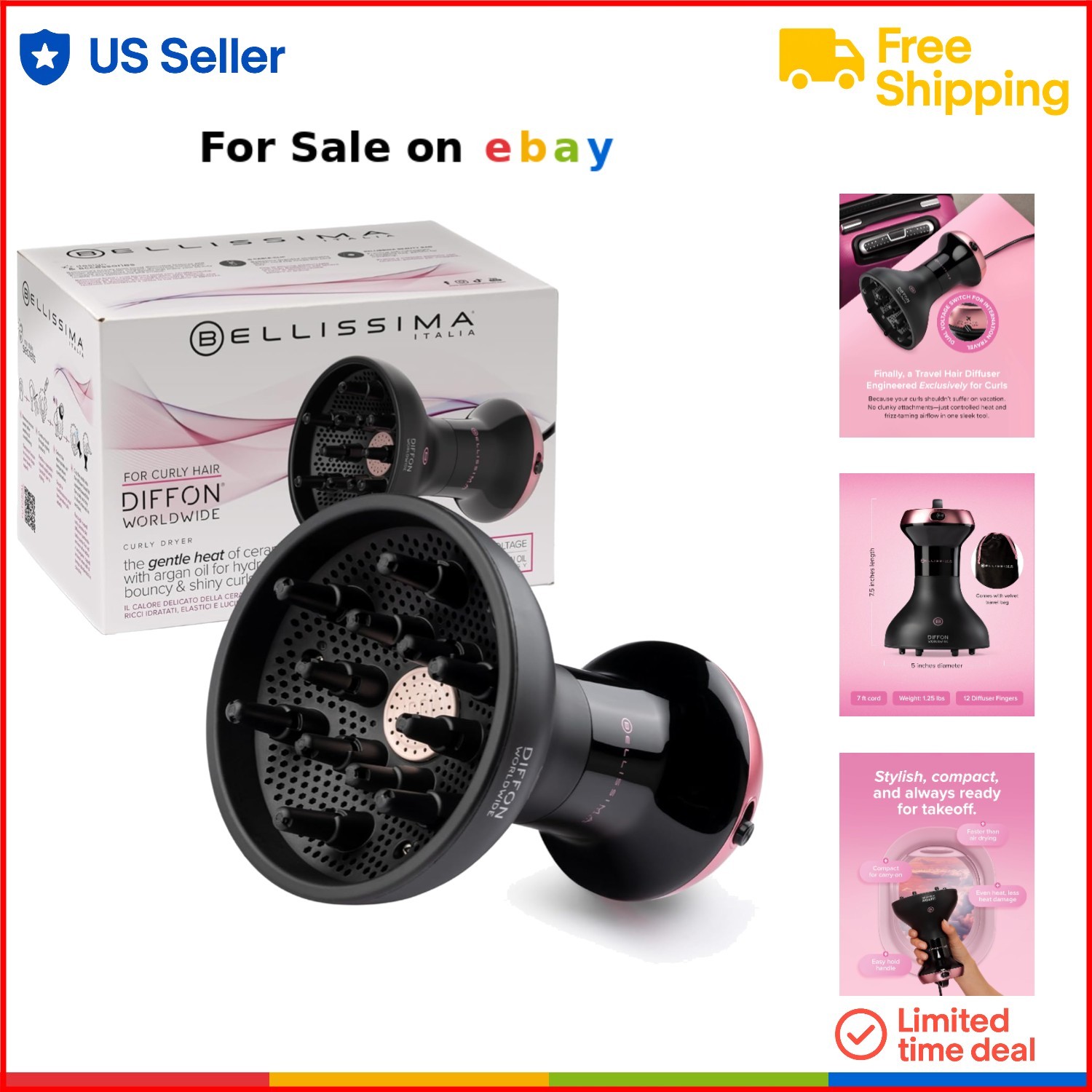 Diffuser Hair Dryer Curly Hair Dual Voltage 2-in-1 Frizz Control Curl Definition