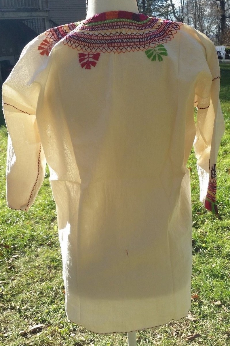 Maya Mexican Blouse Top Shirt Embroidered Flowers Corn Chiapas