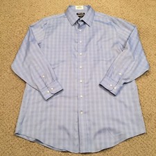 Kirkland Signature Shirt Mens 17.5 Blue Plaid Long Sleeve Button Up Tailored Fit