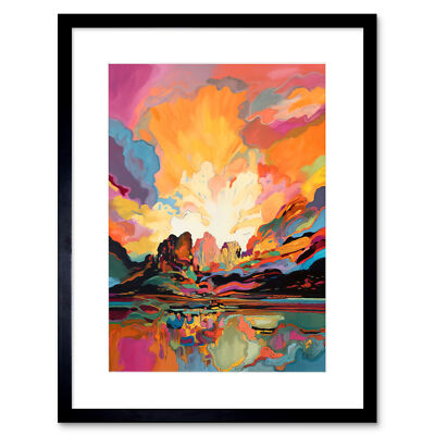 Atmospheric Sunset Clouds Vibrant Colour Lakescape Framed Art Print Picture 9X7''