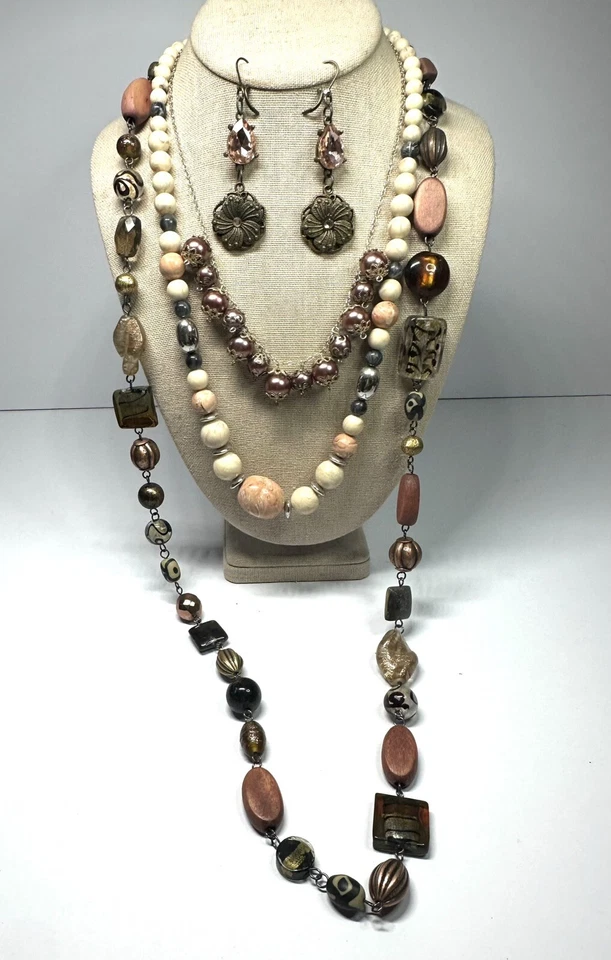 Lote de collar y pendientes gruesos de cerámica de plástico vidrio marrón tono cobre Foto 3 de 4