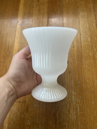 Vintage E.O. BRODY White Milk Glass Ribbed Pedestal Vase Planter M7000