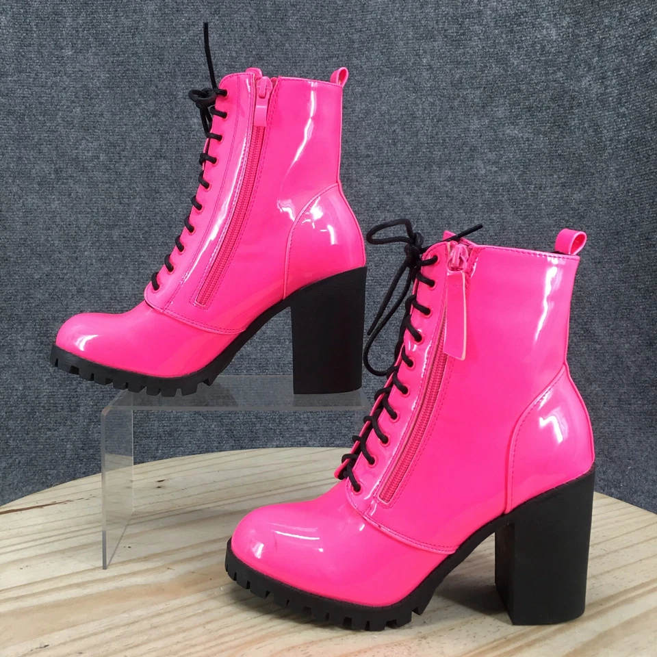 Top Moda Botas Mujer 6.5 Botín Rosa Charol Con Cordones Tacones Bloque Foto 2 de 4
