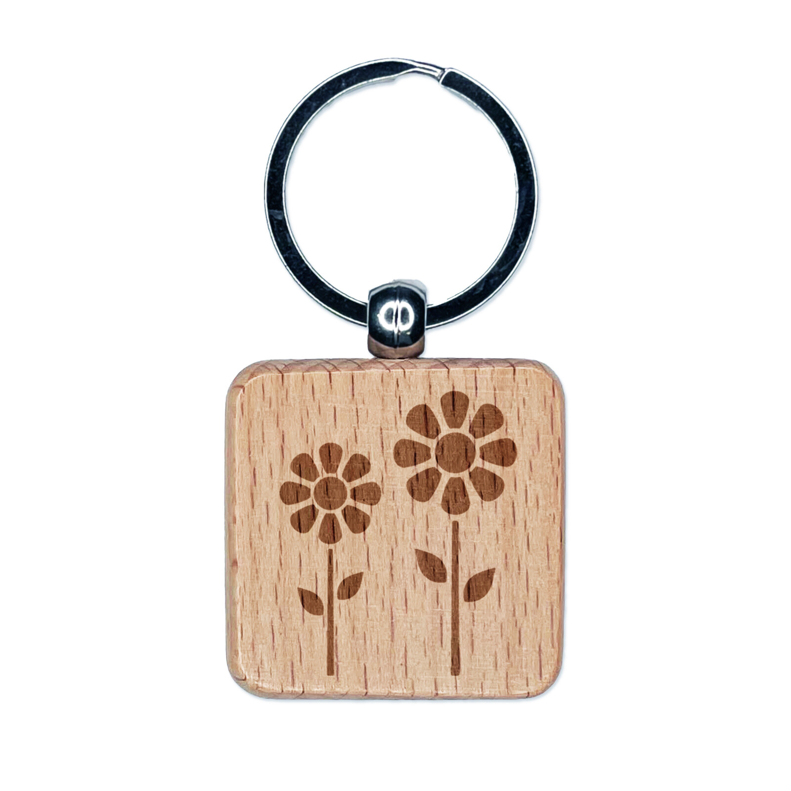 Daisy Flower Pair Engraved Wood Square Keychain Tag Charm