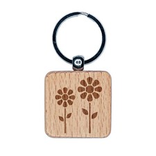 Daisy Flower Pair Engraved Wood Square Keychain Tag Charm