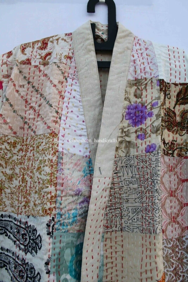 Chaqueta kantha hecha a mano con retazos de seda estilo kimono japonés bata kantha invierno Foto 4 de 4