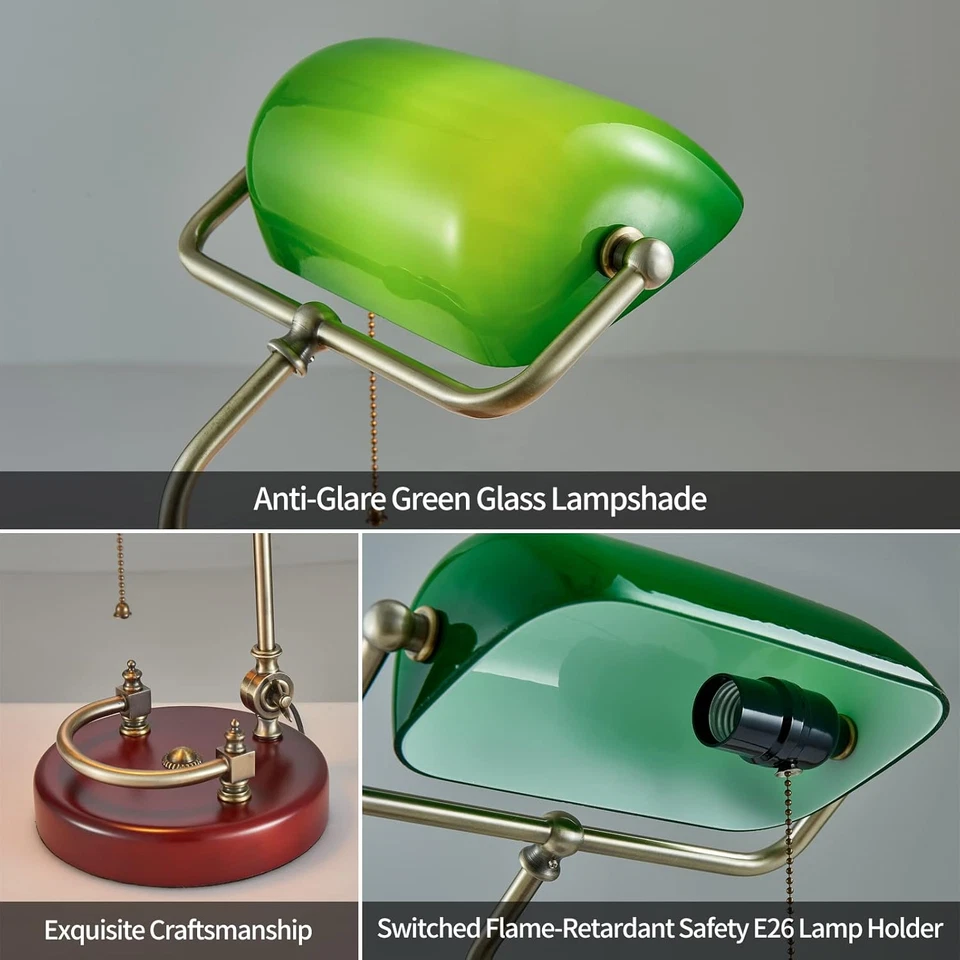 Bankers Lamp, Traditional Green Desk Lamp with Solid Birch Wood Base, Green Glas - Image 4 of 4