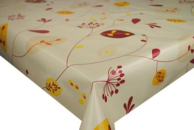 PVC TISCHDECKE ROT STIEL BLÄTTER BLATT BLUME KNOSPEN GELB BEIGE PUNKTE ABWISCHBAR