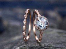 3Ct Lab-Created Blue Aquamarine Stylish Halo Engagement Ring 9k Rose Gold Plated