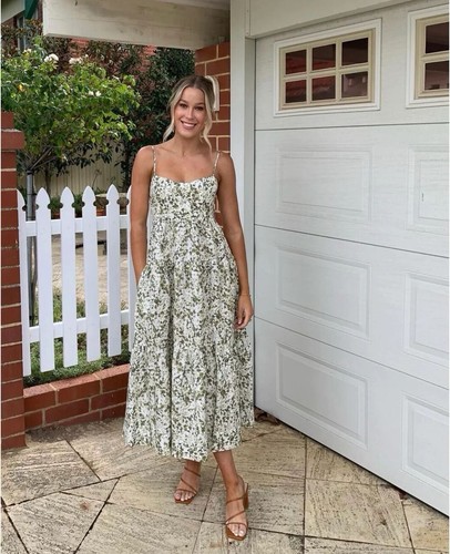Shona Joy Dress Size AU 12 / US 8 Suzette Midi Green Floral Linen Blend Pockets! - Picture 4 of 15