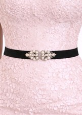 Women's Black Velvet Elastic Silver Pearly Jeweled Waist Belt