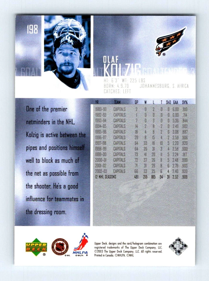 #198 2003-04 Upper Deck  Olaf Kolzig Washington Capitals - Image 2 of 2
