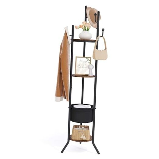 Freestanding Round Coat Rack with 3 Wooden Shelves in Brown and Black