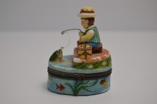 Vintage Porcelain Child Fishing Jewelry Pill Trinket Box Clasp Bass Trout Angler