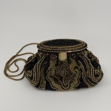 Vintage La Regale Beaded Evening Bag Black Gold Clutch w Chain Strap
