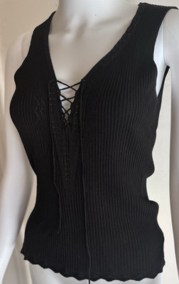 WOW Couture Lace Up V Neck Tank Top Womens L Black Knit Sleeveless