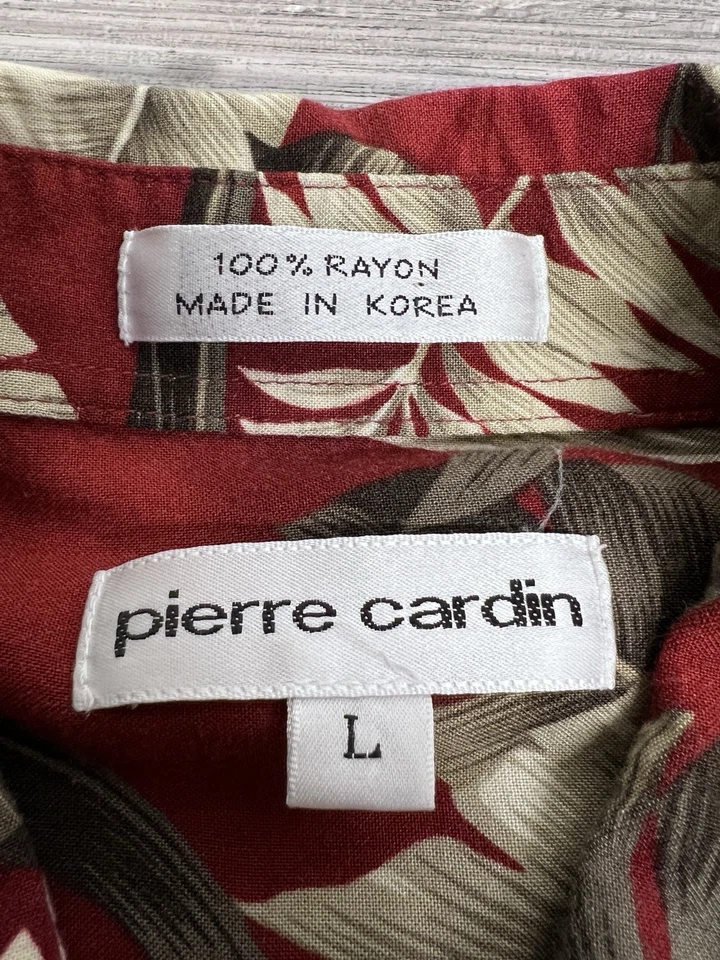 Vintage Pierre Cardin Red Hawaiian Shirt Palm Leaves 100% Rayon Adult Size Large - Image 3 of 4