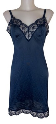 Vtg Lorraine Sz 32 Womens Blue Lace Floral Romantic Whimsigoth Night Slip Dress