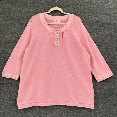 Vintage Quacker Factory Sweater Womens 1X Pink Embellished Jeweled Henley Tunic