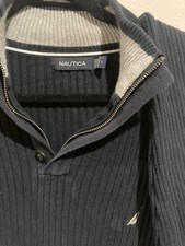 Nautica Men  s Blue 1/4 Button Long Sleeve 100 Cotton Pullover Sweater Size L