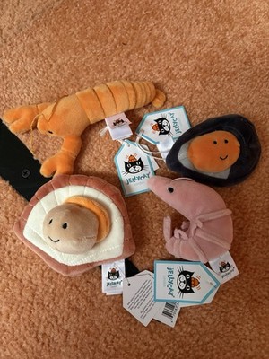 Jellycat Sensationelle Meeresfrüchte Jakobsmuschel Langustenmuschel Garnelen seltenes Spielzeug im Ruhestand
