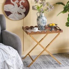 Brown MDF Tray Table with White Swan Motif Iron Base Rectangular Display Table