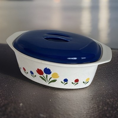 VTG 1985 Tulip Tyme Stoneware Collection Covered Casserole 2.5Qt Country Cottage