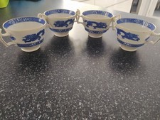 4 X ART DECO "CAULDRON" 2 HANDLED SOUP/COUPE BOWLS DRAGON DESIGN Blue & White