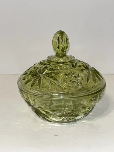 Vintage Anchor Hocking Bowl With Lid Star Of David Avacado Green Glass