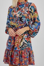 Tahari ASL Women's Blue Long Sleeves Flounce Printed Fit-Flare Wrap Dress Size 4