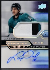 21-22 UD Premier Acetate RC Auto Patch Lane Pederson San Jose Sharks RC /249