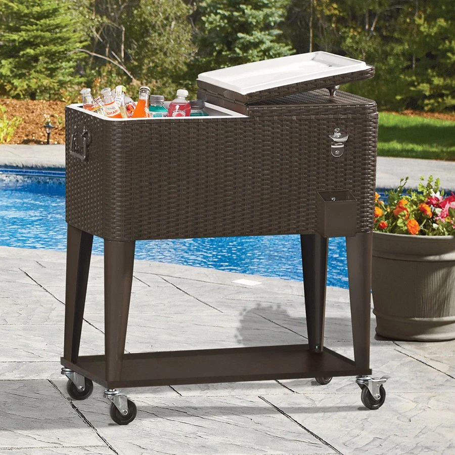 Outdoor Patio Rolling Cooler Cart 80 Qt Wicker Ice Chest Beverage Brown Rattan - Image 3 of 4