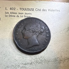 England Half Penny Coin 1854 Queen Victoria Dei Gratia Britannia Uncertified BN