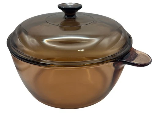 Vtg Vision Corning Ware Pyrex Amber 4.5L 5qt Glass Dutch Oven Stock Pot Lid Usa
