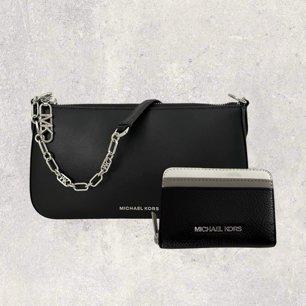 Michael Kors Mk Tasche Portemonnaie Jet Set Travel Empire Schwarz Weiß Leder Neu-image