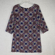OLD NAVY Dress Womens M Mult Print Shirred Zip Back Shift 3/4 Sleeve Geometric