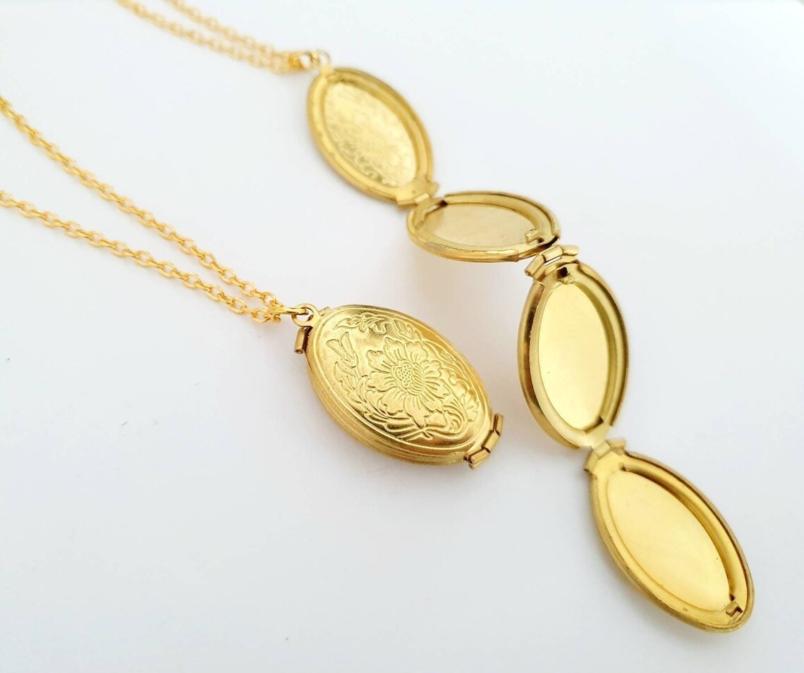 Gold Multi Photo Locket Necklace Expandable Family Memory Keepsake Pendant Gift