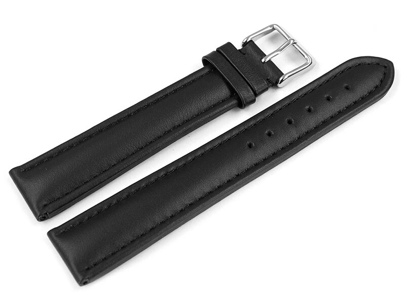 Bracelet De Montre En Cuir Véritable 24 Mm - Noir, Lisse, Boucle Pré-V - Neuf