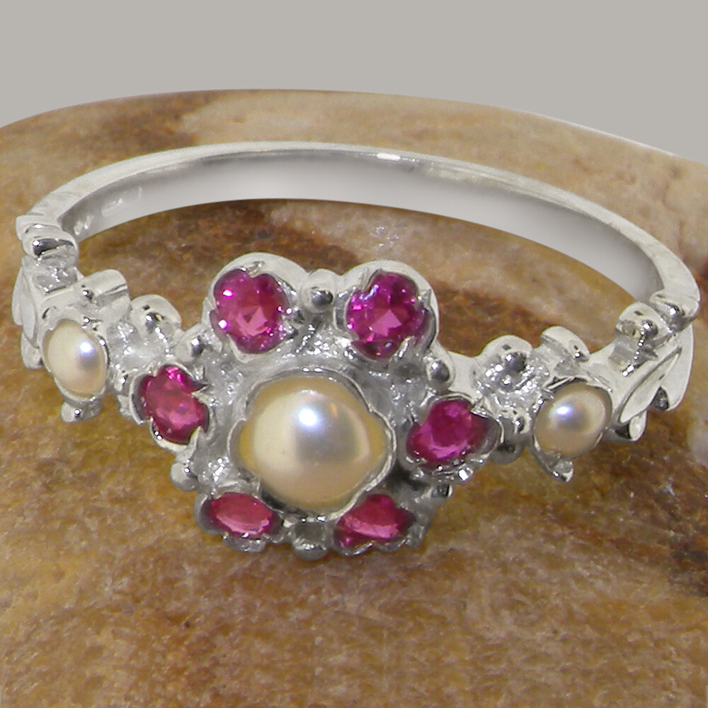 Solid 925 Sterling Silver Cultured Pearl & Ruby Womens Ring - Sizes 4 ...