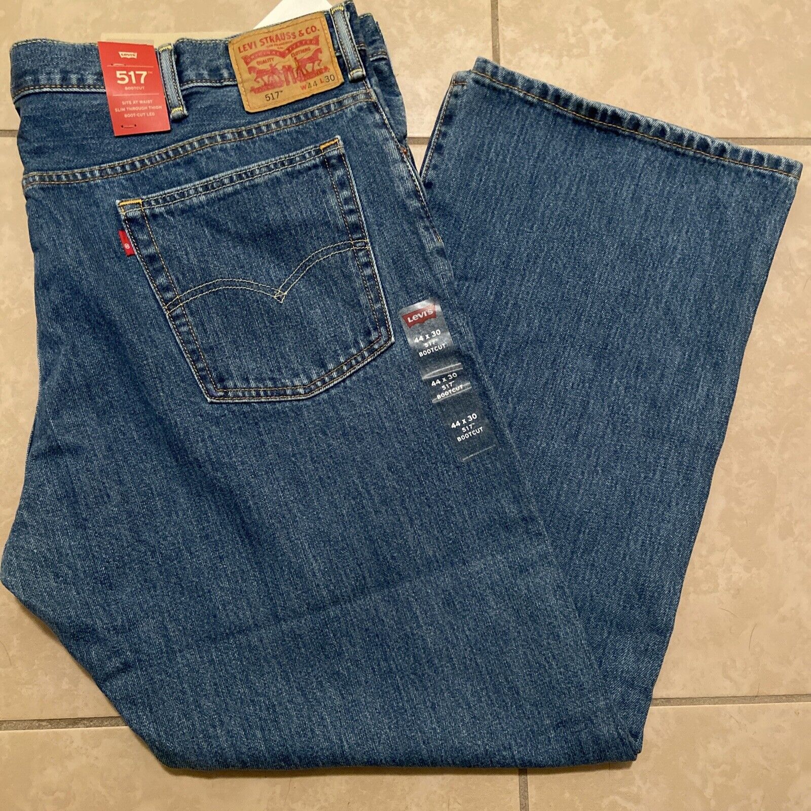 Levis 517 Boot Cut Jeans Mens 44x30 Blue Dark Wash Denim Red Tab 100%  Cotton NWT | eBay