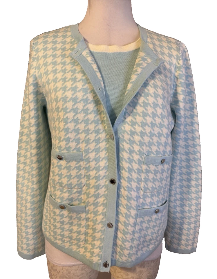 Cárdigan Suéter Talbots Mujer M Mediano Azul Blanco Twinset Algodón Pata de Gallo Foto 3 de 4