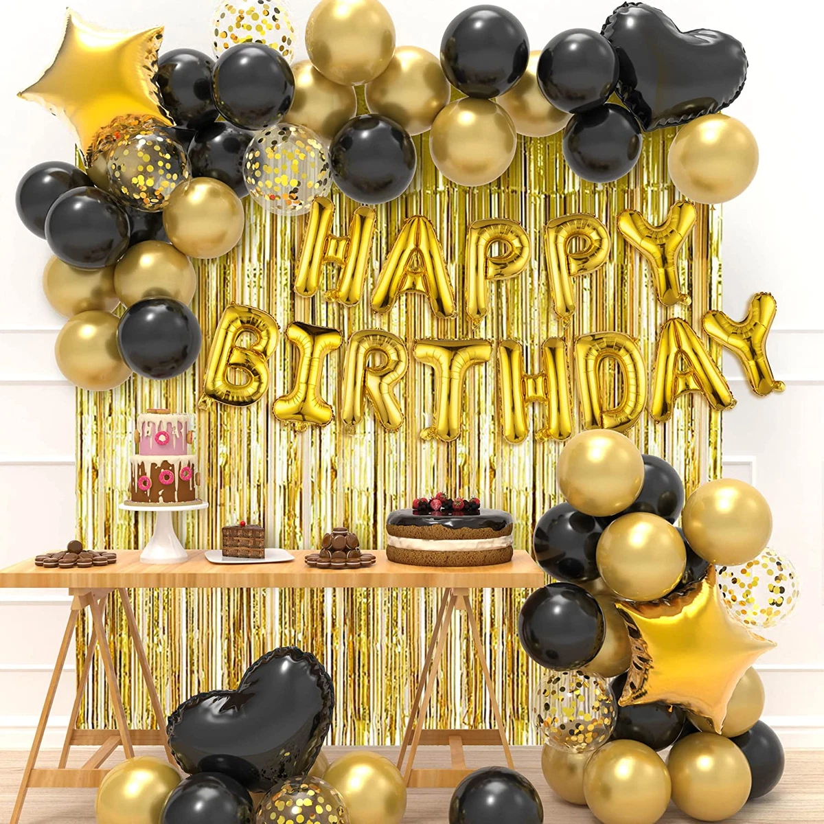 Decoracion De Cumpleaños Para Hombre Mujer Happy Birthday Globos Negro y  Dorado