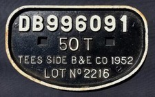 TEESSIDE B & E CO 1952 DB996091 50T RAILWAY CARRAIGE WAGON D PLATE SIGN PLAQUE