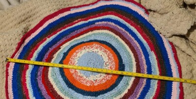 35'' Hand crafted  multi-colored round crocheted rag rug, washable, durable 