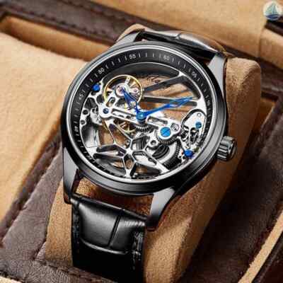 Mens Skeleton Bridge Movement Automatic Mechanical Watch Silver Blue Black