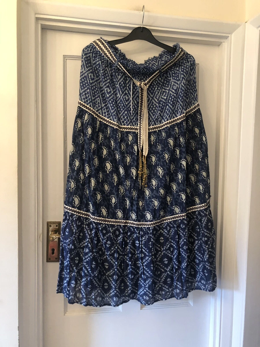 New Zara Woman Collection Blue White Boho Ruffle Midi Skirt
