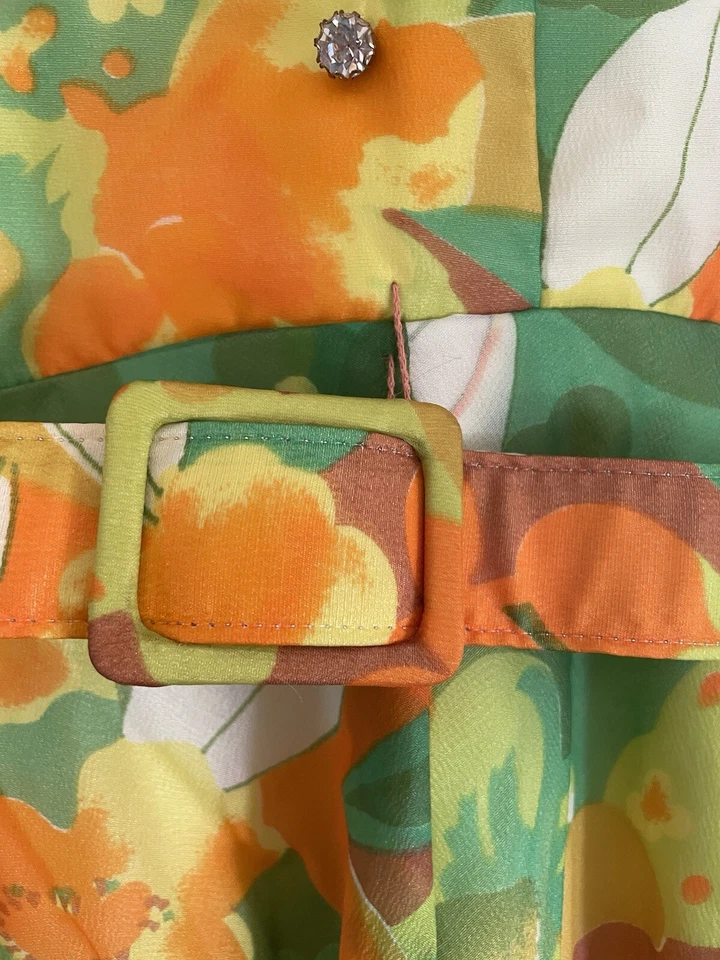 Maxi Vestido De Colección Años 70 Lee Jordan Retro Floral Cuello Naranja y Verde Talla Pequeña/Mediana Foto 4 de 4