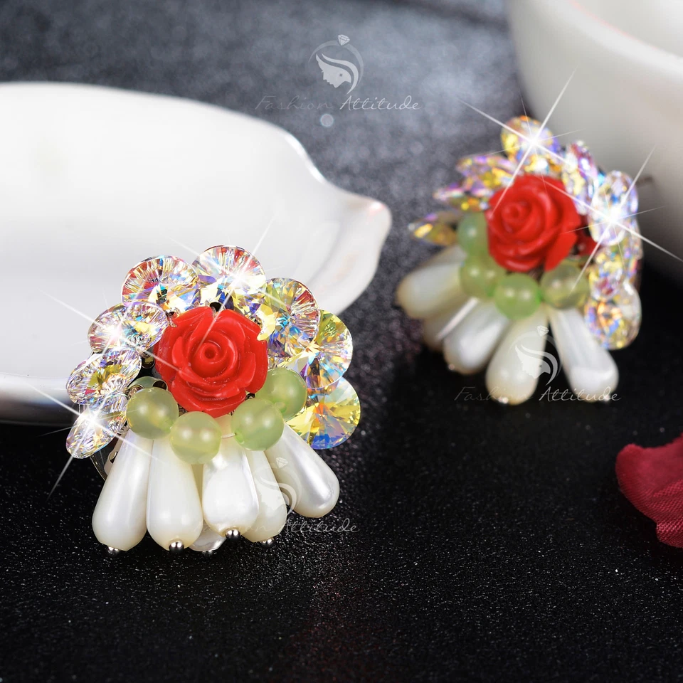 18k white gold crystal stud earrings red rose flower blossom shell jade handmade Foto 3 de 3