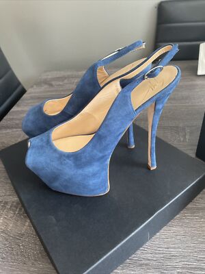 Giuseppe Zanotti Blue Suede Peep Toe Slingback Platform Sandals